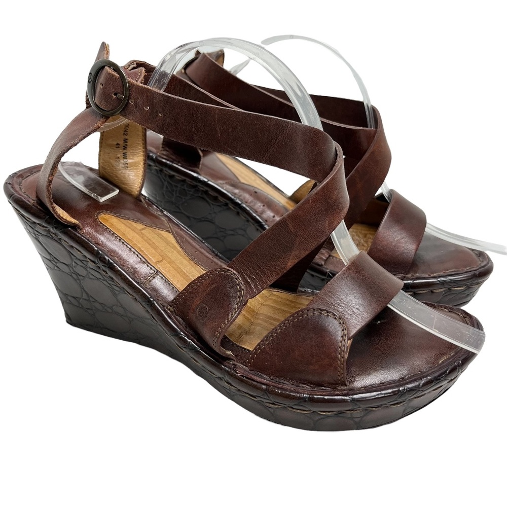 BORN Genuine Leather Strappy Wedge Sandals Slingback Warm Brown Shoes sz 10